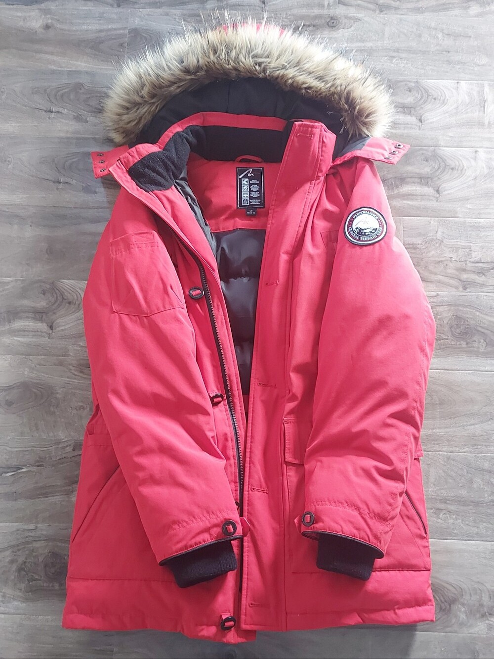 Alpinetek Women's Red Hooded Puffer Coat with Faux Fur Trim